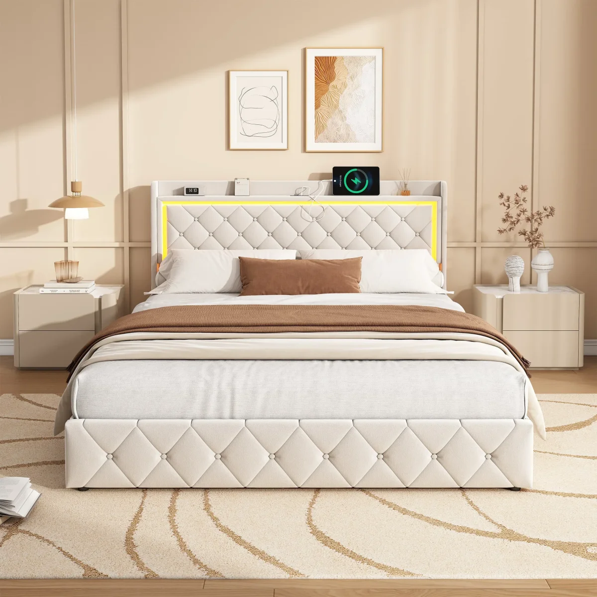 Lit double 140x190 avec tiroirs et tête de lit rembourrée velours beige, éclairage LED et ports USB – Image 2