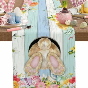 Chemin de table lin imprimé Pâques lapin œufs fleurs rustique