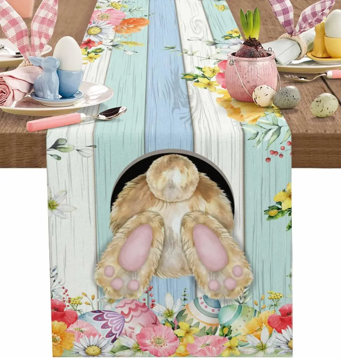 Chemin de table lin imprimé Pâques lapin œufs fleurs rustique