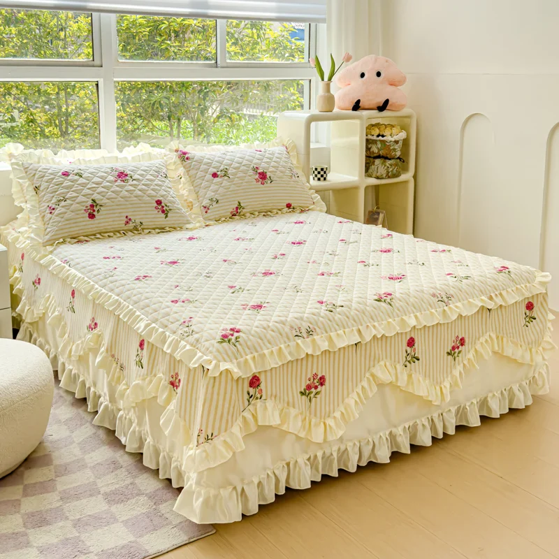 Couvre-lit matelassé 100% coton avec jupe dentelle princesse pour lit King Queen – Image 2