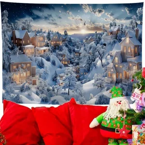Tapisserie murale paysage de Noël village enneigé décoration festive design moderne pour salon