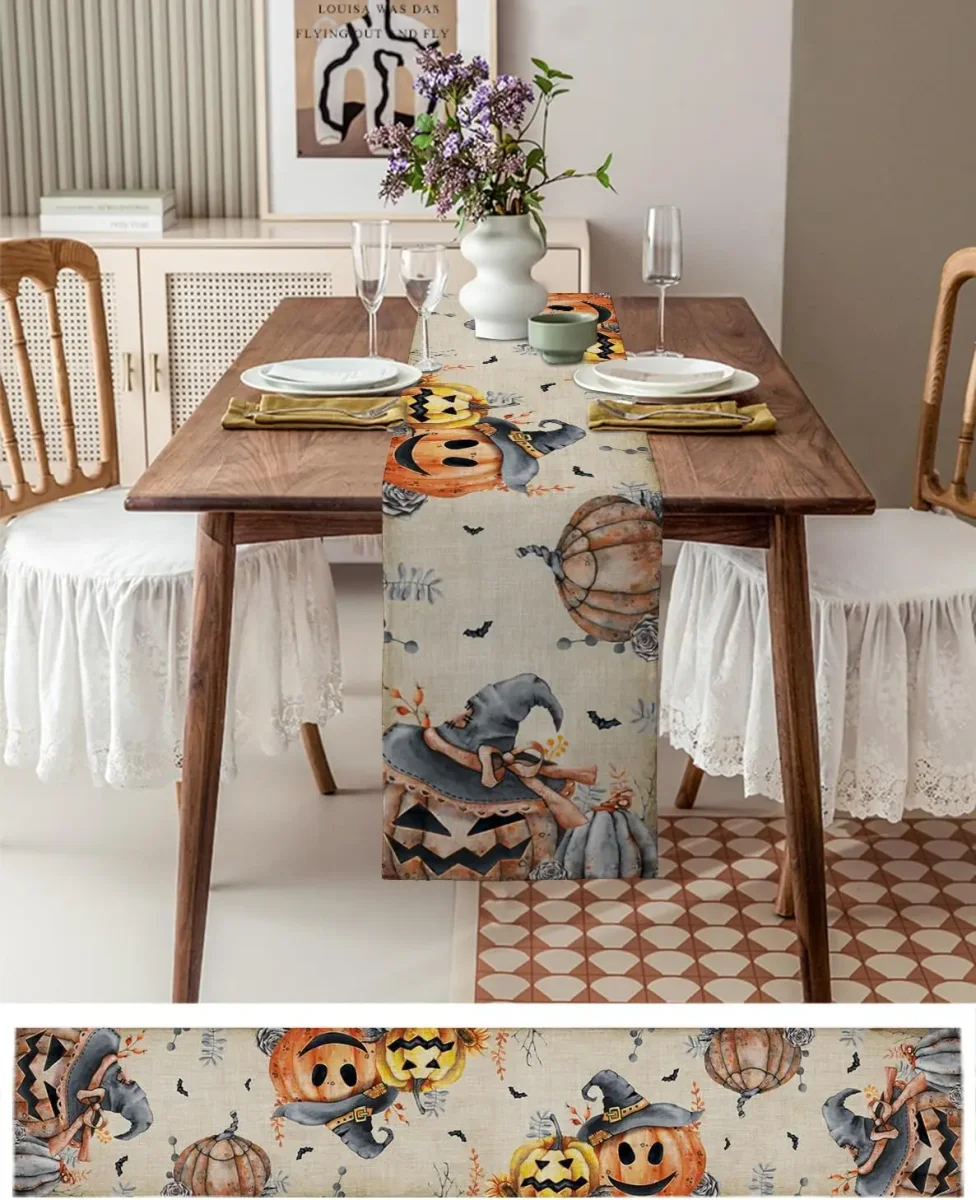 Chemin de table en lin imprimé Halloween citrouille pour décoration – Image 4