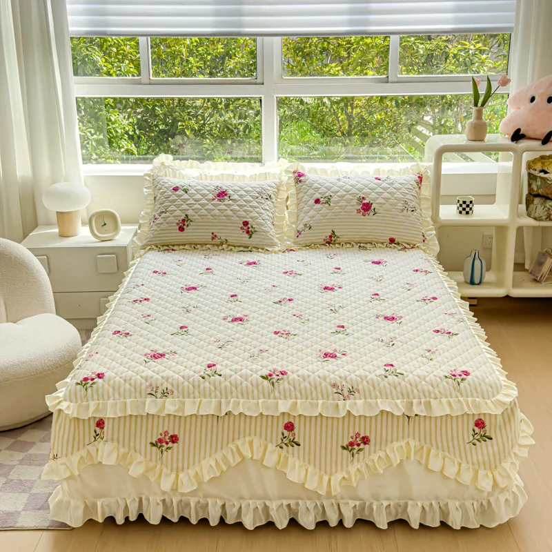 Couvre-lit matelassé 100% coton avec jupe dentelle princesse pour lit King Queen – Image 4