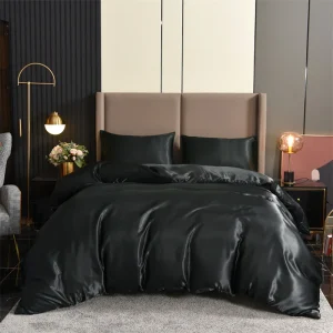 Housse de couette satin 3 pièces noir luxe soyeux sans plis pour lit queen