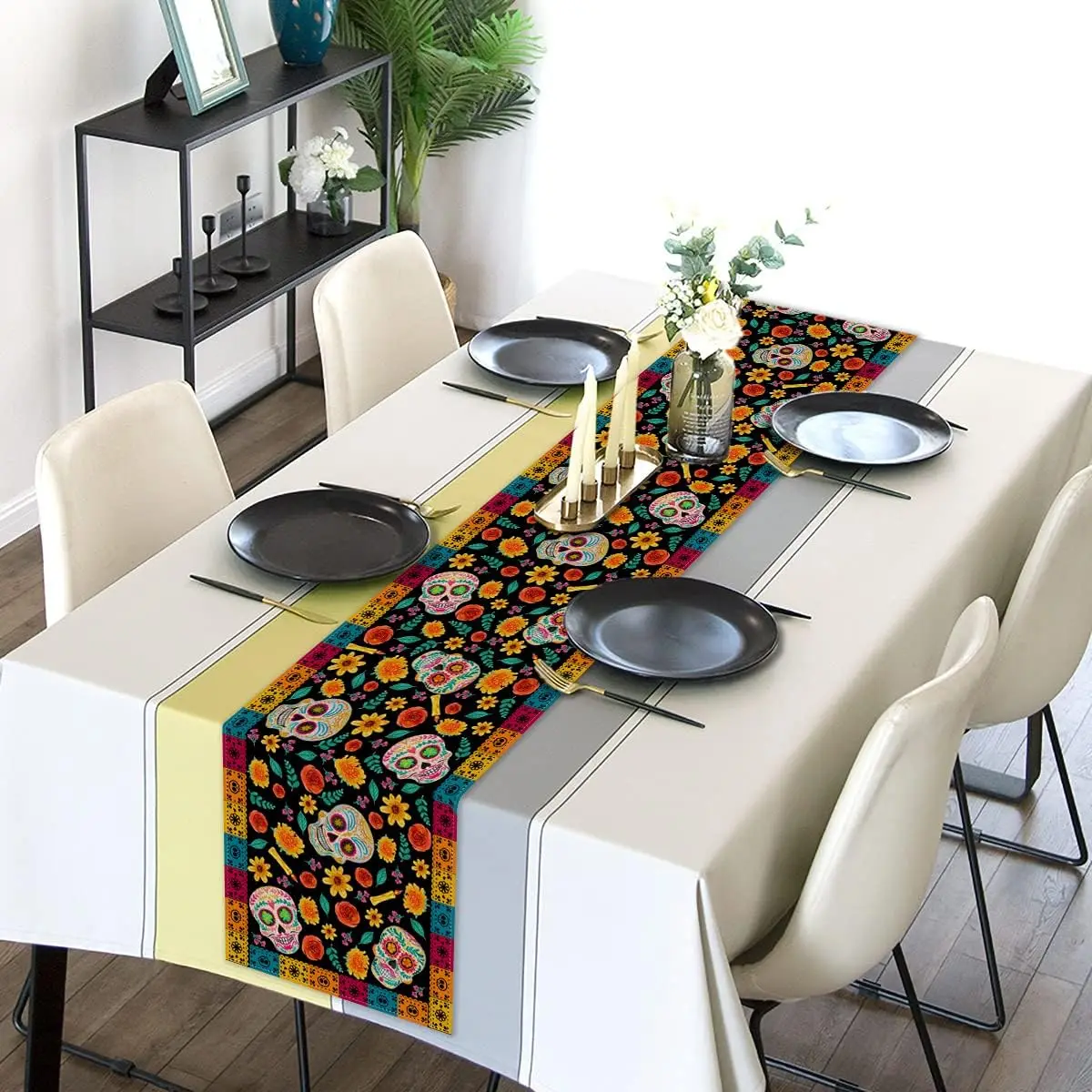 Chemin de table en lin imprimé Calavera – Déco table Halloween – Image 3