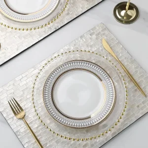 Set de table en céramique rétro avec incrustation d'or - Plateau rectangulaire beige pour 8 personnes