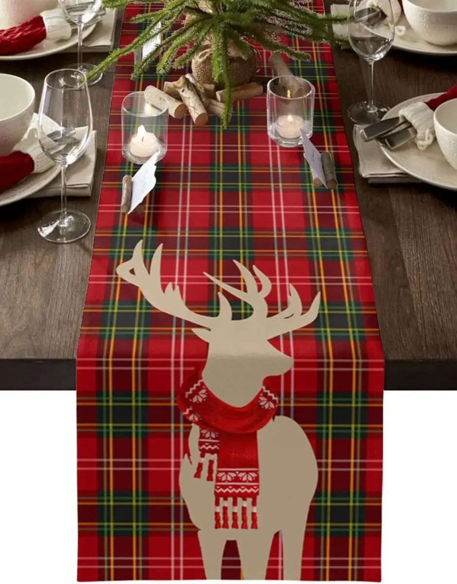 Chemin de table en lin Noël cerf carreaux rouge vert – Image 3