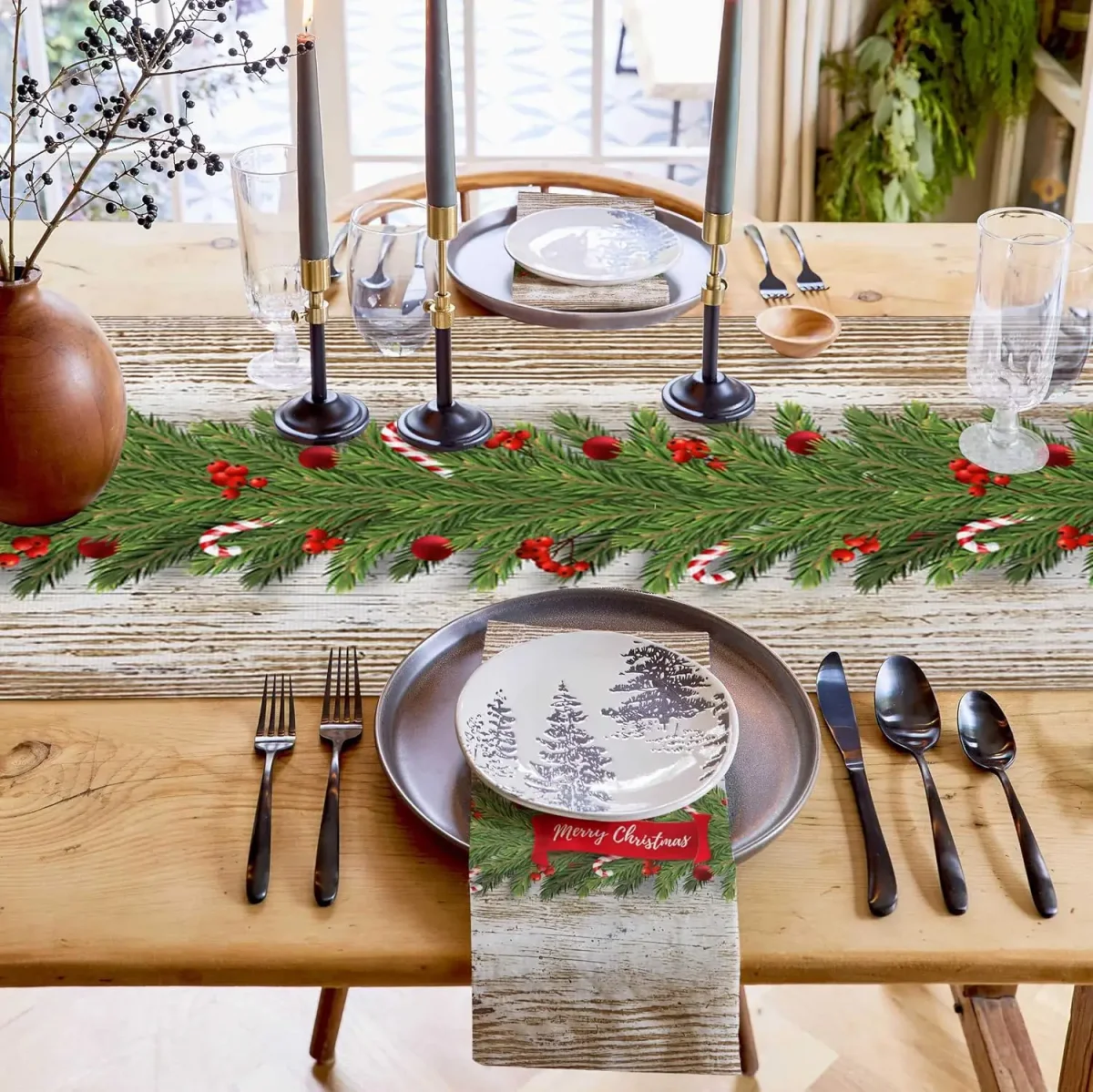 Chemin de table lin imprimé Noël — durable, décor festif élégant – Image 4