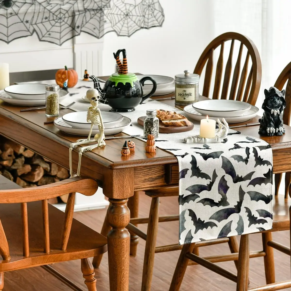 Chemin de table lin imprimé chauves‑souris Halloween décor maison, lavable – Image 4