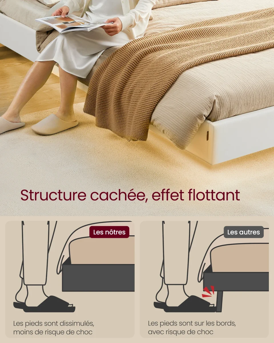 Lit flottant avec éclairage LED et tête de lit haute - Blanc nuage - 140x190cm ou 160x200cm – Image 4