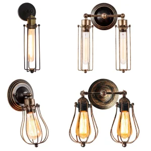 Applique murale LED industrielle vintage avec cage métallique pour salon et chambre