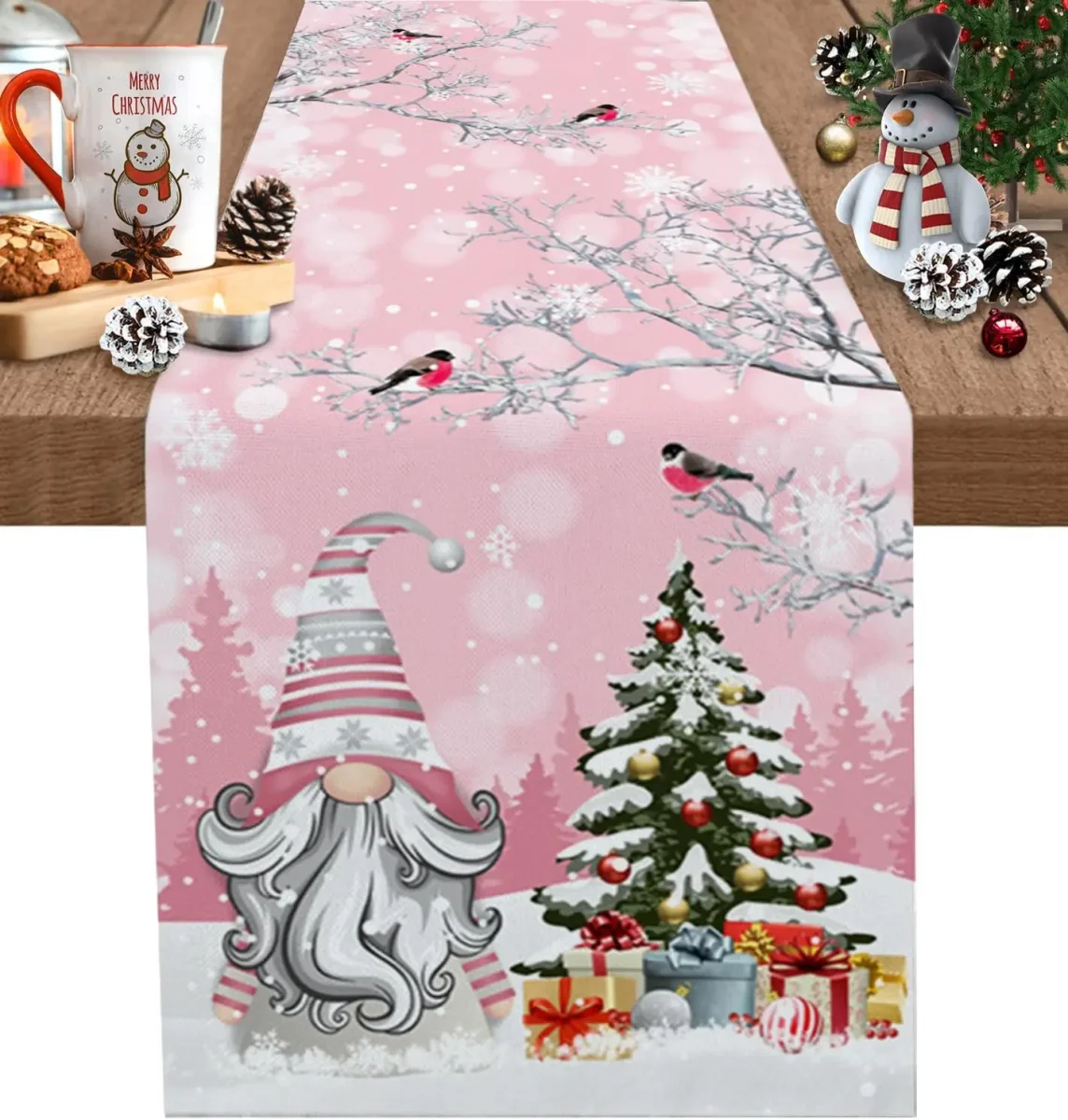 Chemin de table lin Noël gnomes imprimé réutilisable 150x33cm – Image 2