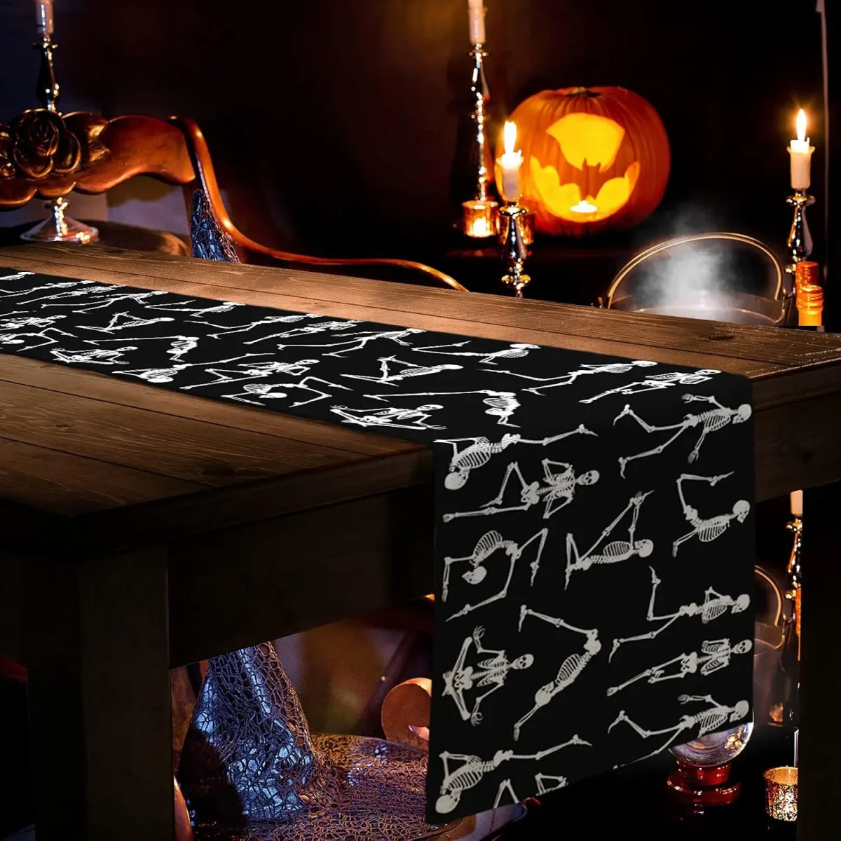 Chemin de table en lin motif crâne Halloween pour décoration – Image 4