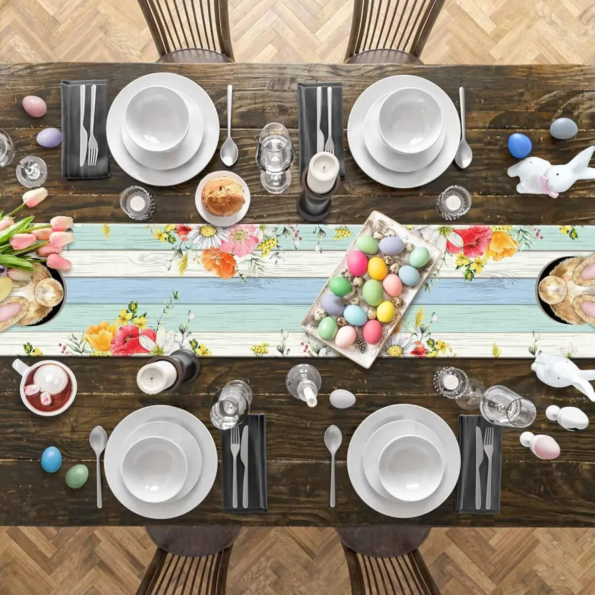 Chemin de table lin imprimé Pâques lapin œufs fleurs rustique – Image 7