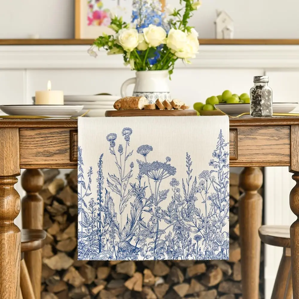 Chemin de table lin imprimé herbes et fleurs rustique élégant – Image 3
