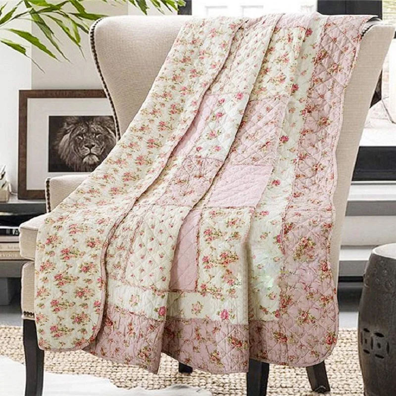 Couvre-lit patchwork réversible en coton floral rose - Jeté de lit Shabby Chic pour chambre – Image 4