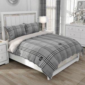 Parure de lit gris à carreaux 240x220, ensemble literie microfibre pour chambre