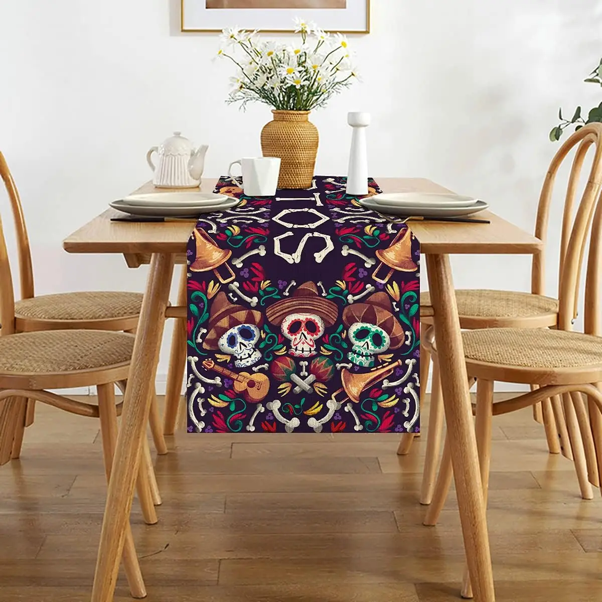 Chemin de table en lin imprimé crâne mexicain pour décoration – Image 4
