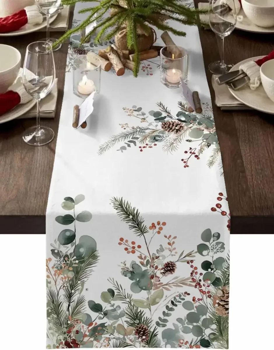 Chemin de table en lin imprimé pin cône eucalyptus Noël