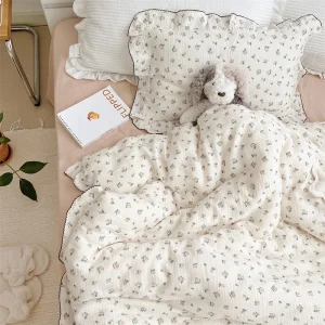 Housse de couette gaze coton 220x240 avec volants et imprimé floral - Ensemble 3 pièces