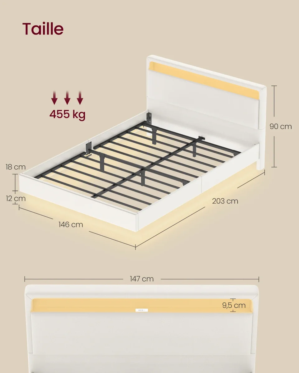 Lit flottant avec éclairage LED et tête de lit haute - Blanc nuage - 140x190cm ou 160x200cm – Image 6