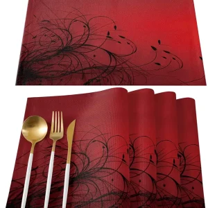 Set de 4 sets de table lavables en tissu polyester, motif fleur noire abstraite rouge, décoration intérieure moderne