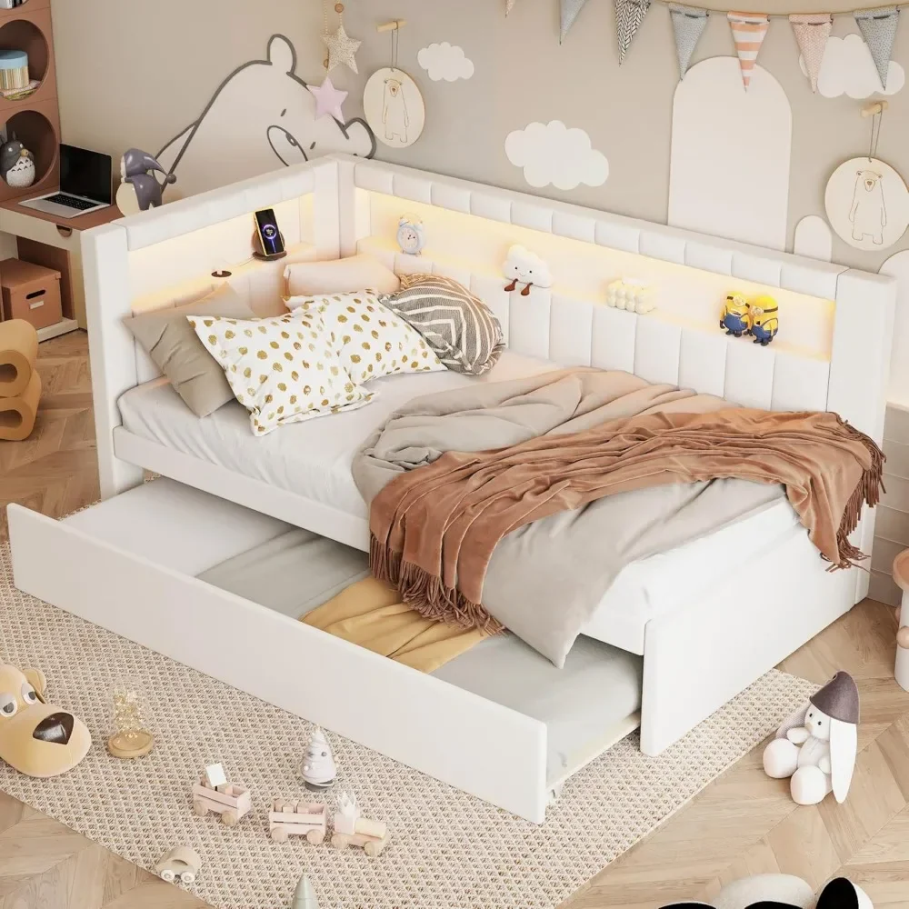 Tête de lit double minimaliste nordique avec bibliothèque intégrée et rangements pratiques – Image 3