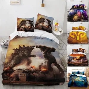 Parure de lit imprimée King Kong vs Godzilla 90x190 cm, linge de lit anime pour chambre d'enfant