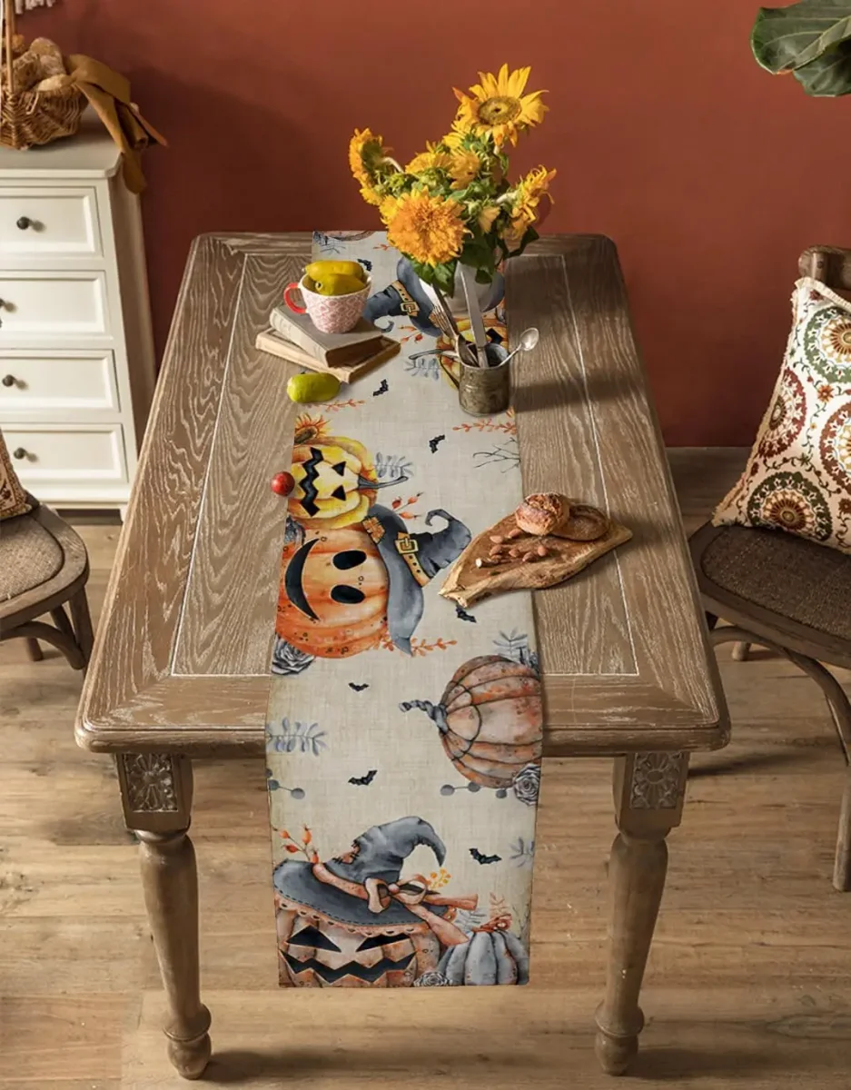 Chemin de table en lin imprimé Halloween citrouille pour décoration – Image 5