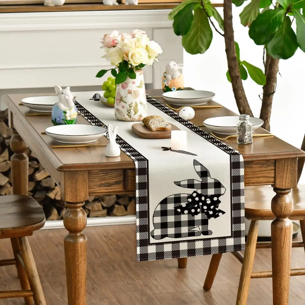 Chemin de table lin imprimé lapin carottes Buffalo Plaid – Image 4