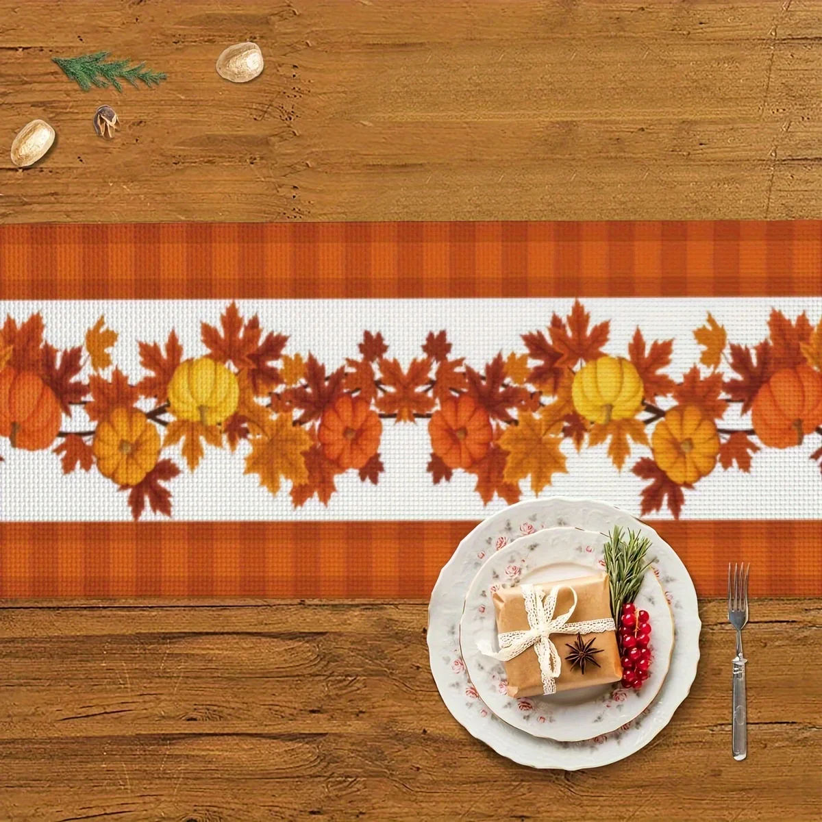 Chemin de table en lin imprimé citrouille feuille d'érable Noël – Image 3