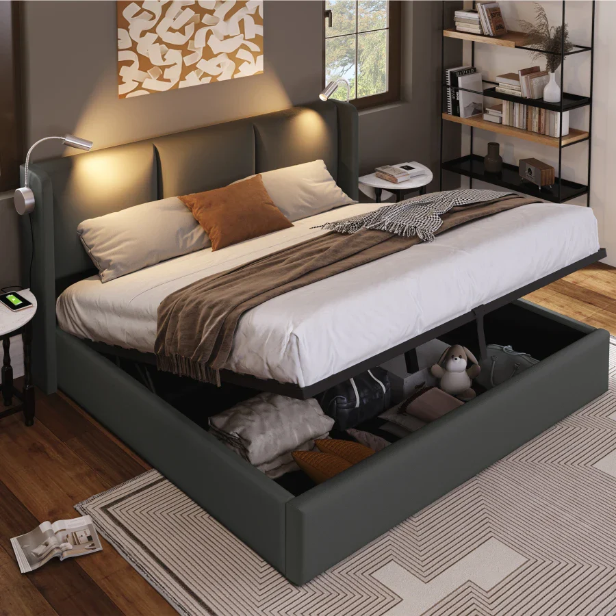 Tête de lit avec lampes de lecture et ports USB, rangement intégré, blanc ou noir, simple ou double – Image 3