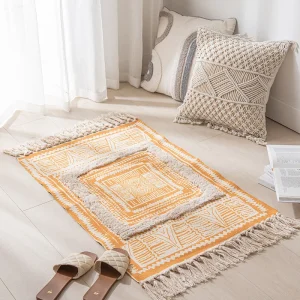 Tapis en coton et lin bohème avec franges antidérapant décoratif