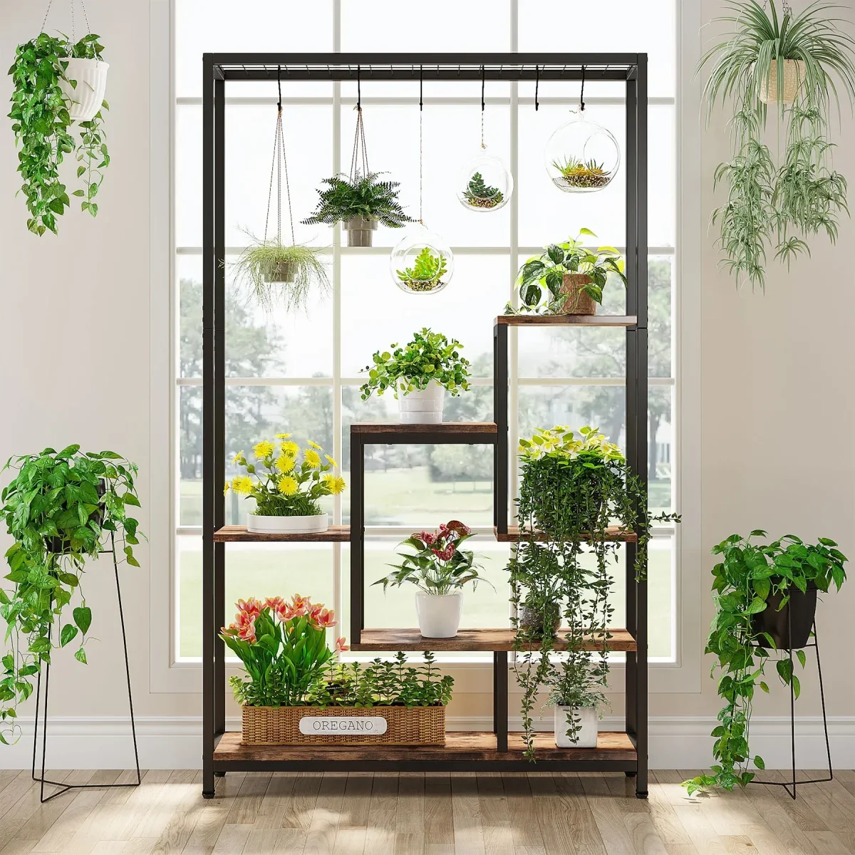 Support pour plantes d'intérieur 5 niveaux métal 180 cm avec crochets, étagère échelle multifonction – Image 3