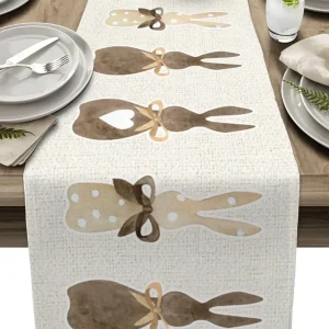 Chemin de table lin imprimé Lapin Coeur Pâques lavable réutilisable