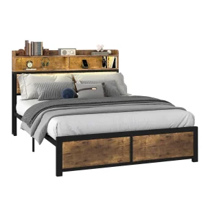 Cadre de lit super king en bois avec tête de lit LED, ports USB et étagères de rangement