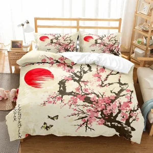Housse de couette japonaise fleurs de cerisier Sakura, ensemble literie polyester taille King