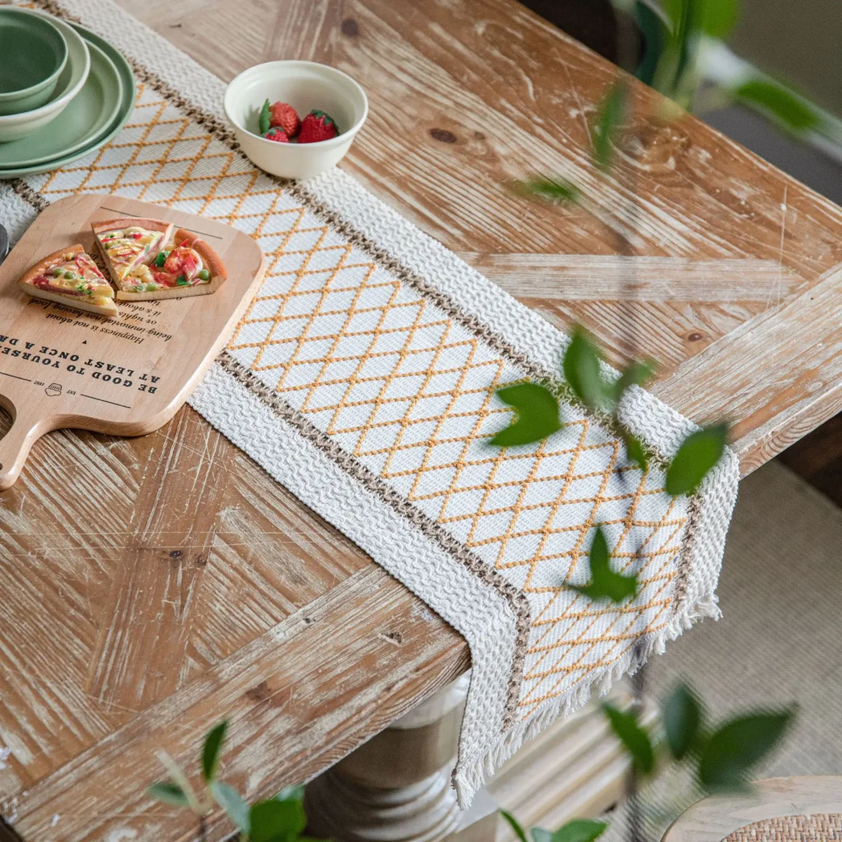Chemin de table coton-lin tissé franges style artisanal élégant – Image 8