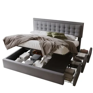 Lit capitonné avec tiroirs de rangement 180x200 cm, tête de lit en lin gris, design moderne