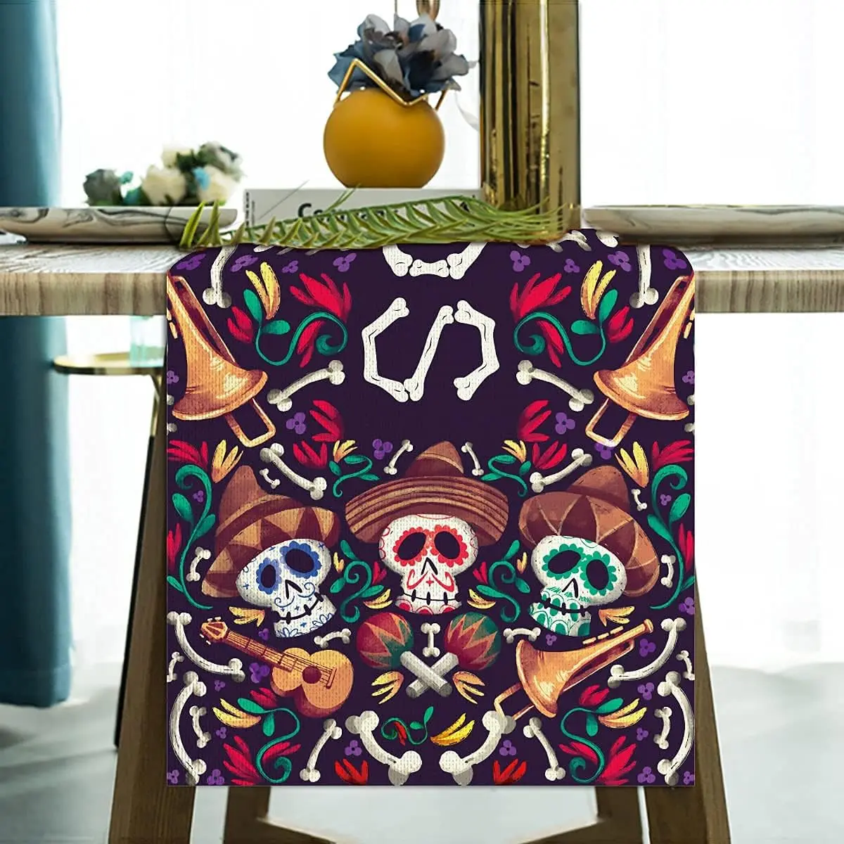 Chemin de table en lin imprimé crâne mexicain pour décoration – Image 5
