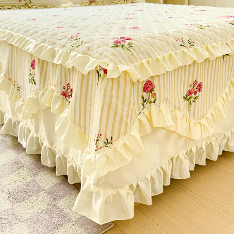 Couvre-lit matelassé 100% coton avec jupe dentelle princesse pour lit King Queen – Image 5