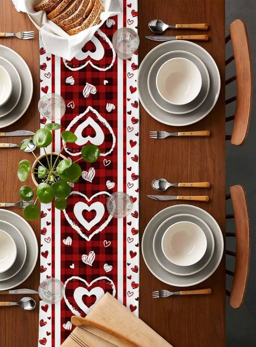 Chemin de Table Lin Cœurs Rouge Blanc Carreaux Saint-Valentin Décoration Festive – Image 3