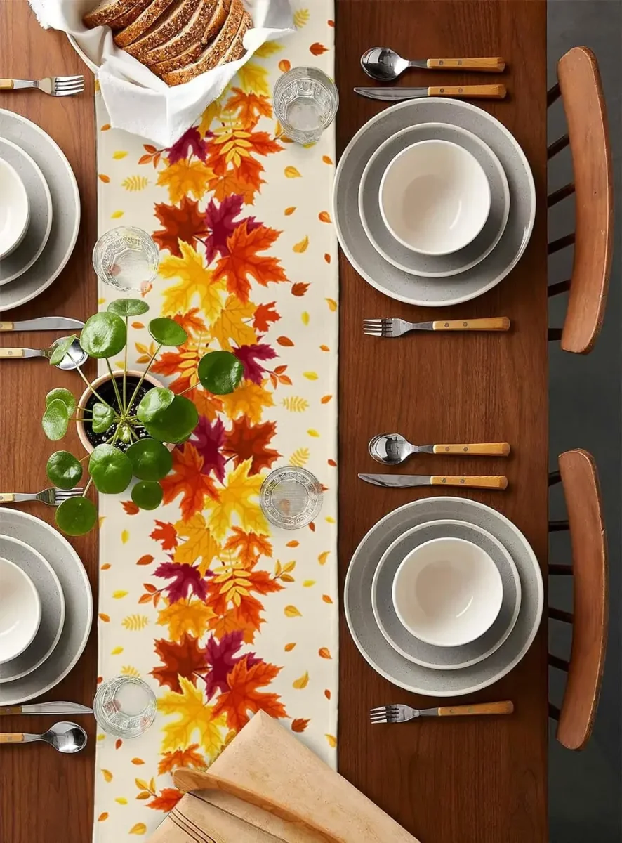 Chemin de table lin feuille d'érable automne lavable décor maison – Image 3