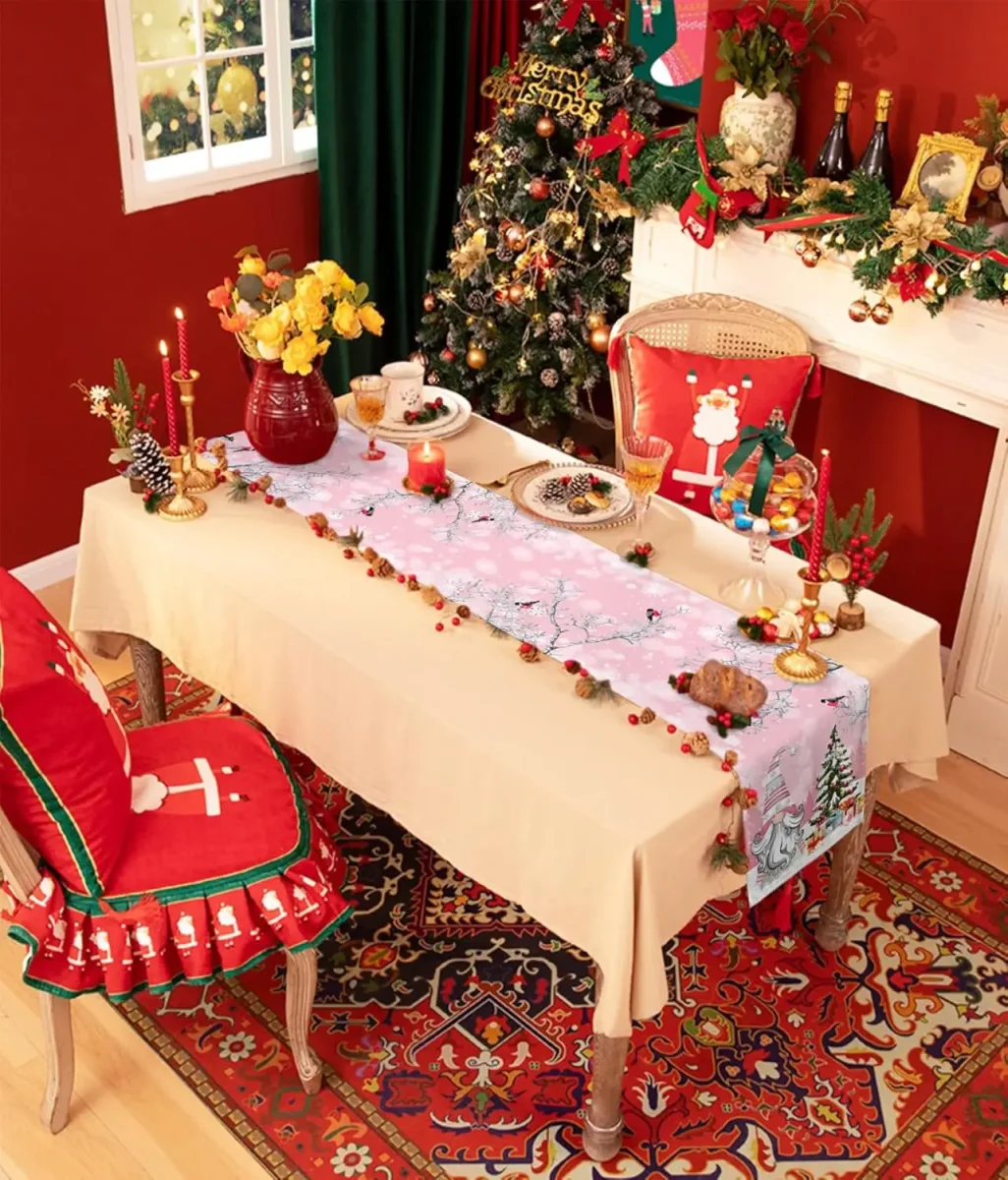 Chemin de table lin Noël gnomes imprimé réutilisable 150x33cm – Image 4