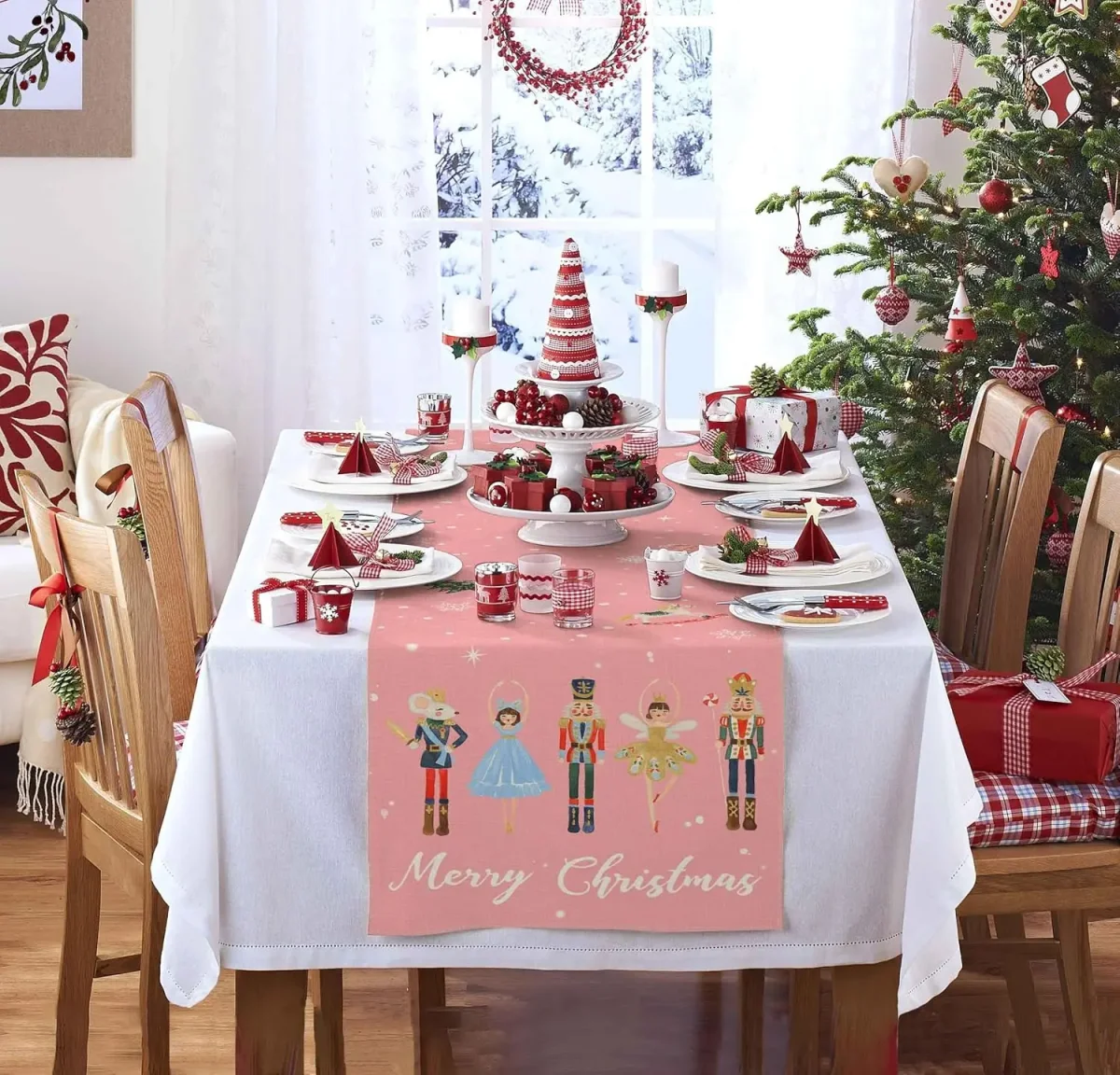 Chemin de table en lin Rose imprimé Noël, décoration élégante – Image 5