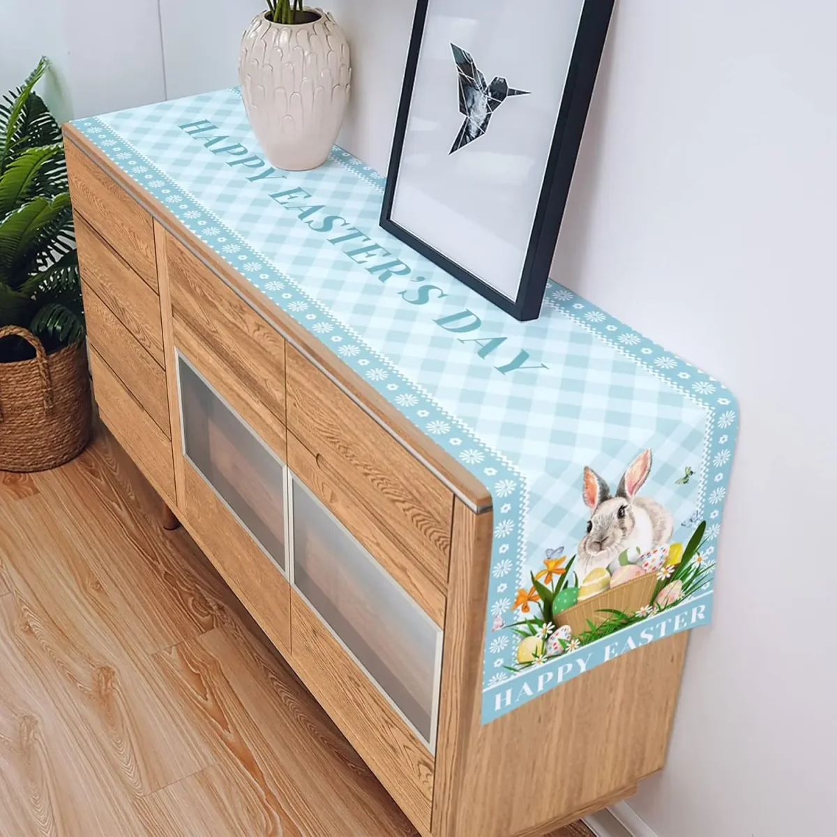 Chemin de table en lin imprimé lapin floral carreaux bleus – Image 6