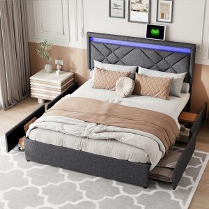 Lit double avec chevet et rangements, éclairage LED et ports USB, design moderne gris foncé