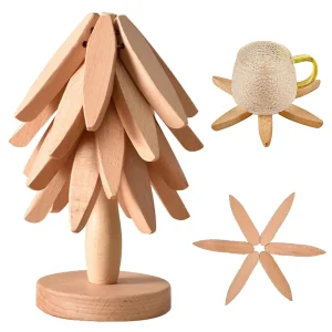 Ensemble de dessous de plat en bois forme arbre 4 pièces + support pour plats chauds décoration cuisine