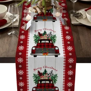 Chemin de table en lin motif flocons de neige lavable