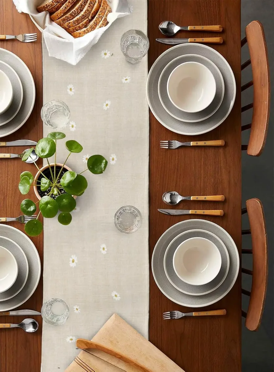Chemin de table en lin imprimé marguerite blanc floral réutilisable – Image 4
